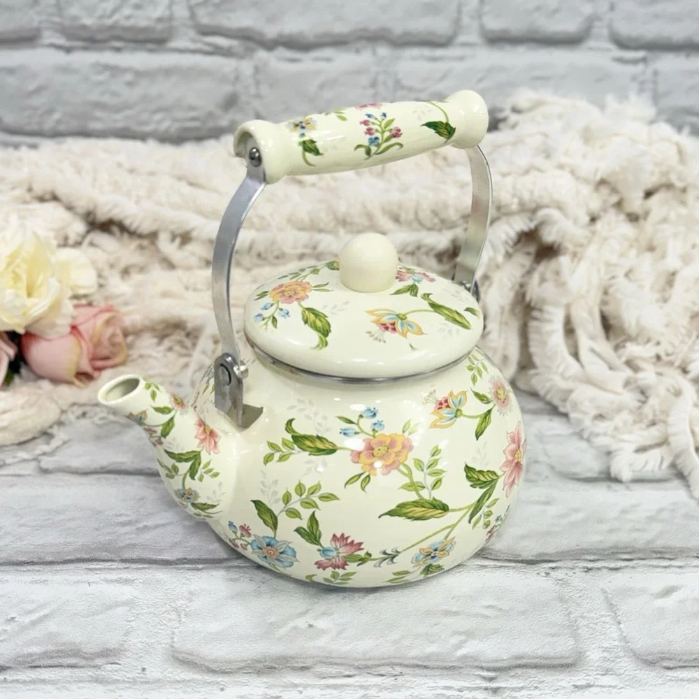 Floral Enamel Tea Pot Kettle Stove Top Porcelain  Cottage Core Farmhouse Nice! - Picture 2 of 15